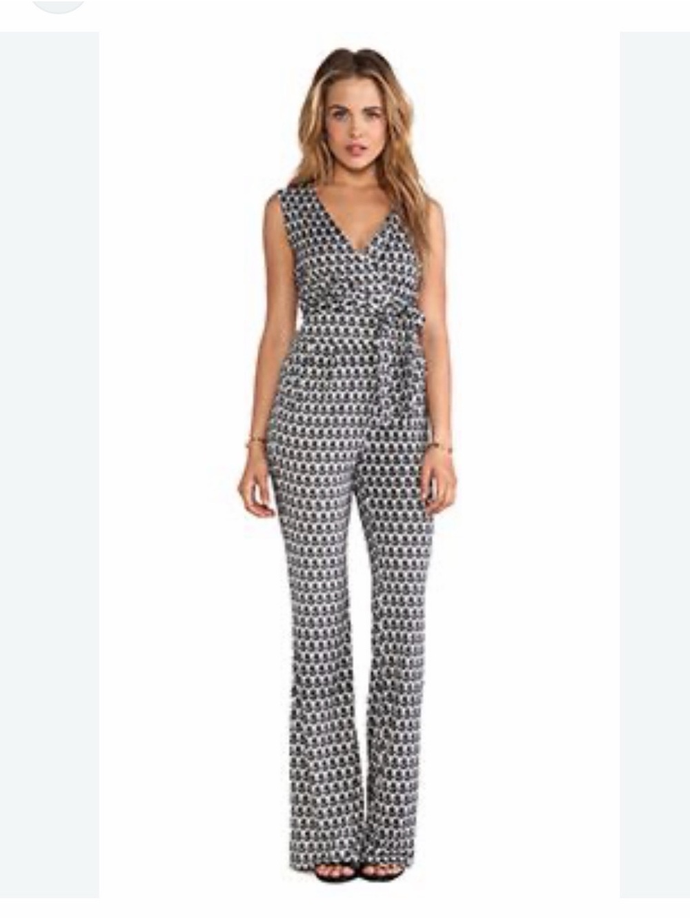 Diane Von Furstenberg Black & White Geometric Sleeveless Wrap Jumpsuit
